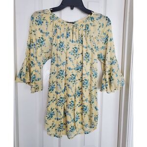 Chaps Blouse Yellow Blue Floral Bell Sleeve Boho Peasant Top Small